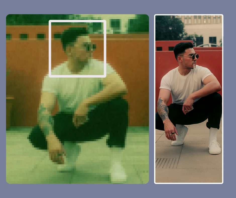Side by side comparison image of a young man with a tattoo in right arm and sunglasses, on the left a very blurry image and on the right an enhanced image of the same guy