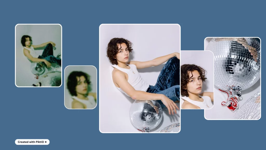Side by side comparison of a young boy in a white tank top and velvet pants sitting with a disco ball, showing a pixelated version and an enhanced version using face pixelizer technology.