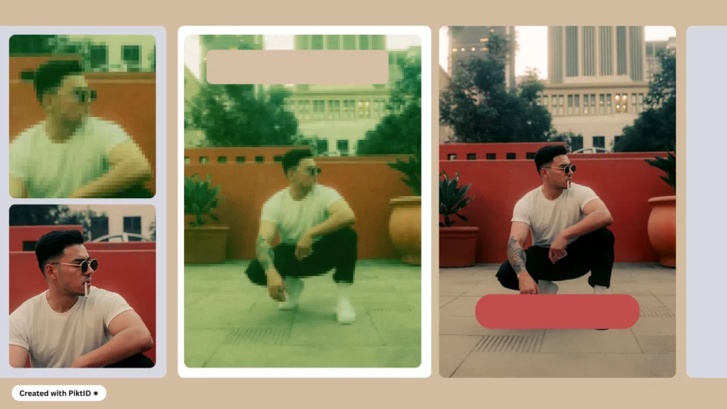 Transformation of a man squatting in an urban rooftop setting, from a pixelated image to a sharp, clear version with improved details and textures using face pixelizer.