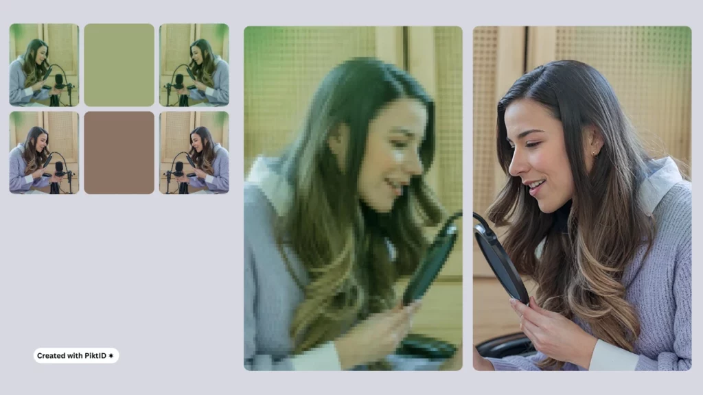 A woman recording audio while holding a microphone, with a side-by-side comparison of blurred and high-definition images highlighting AI-powered image enhancement.