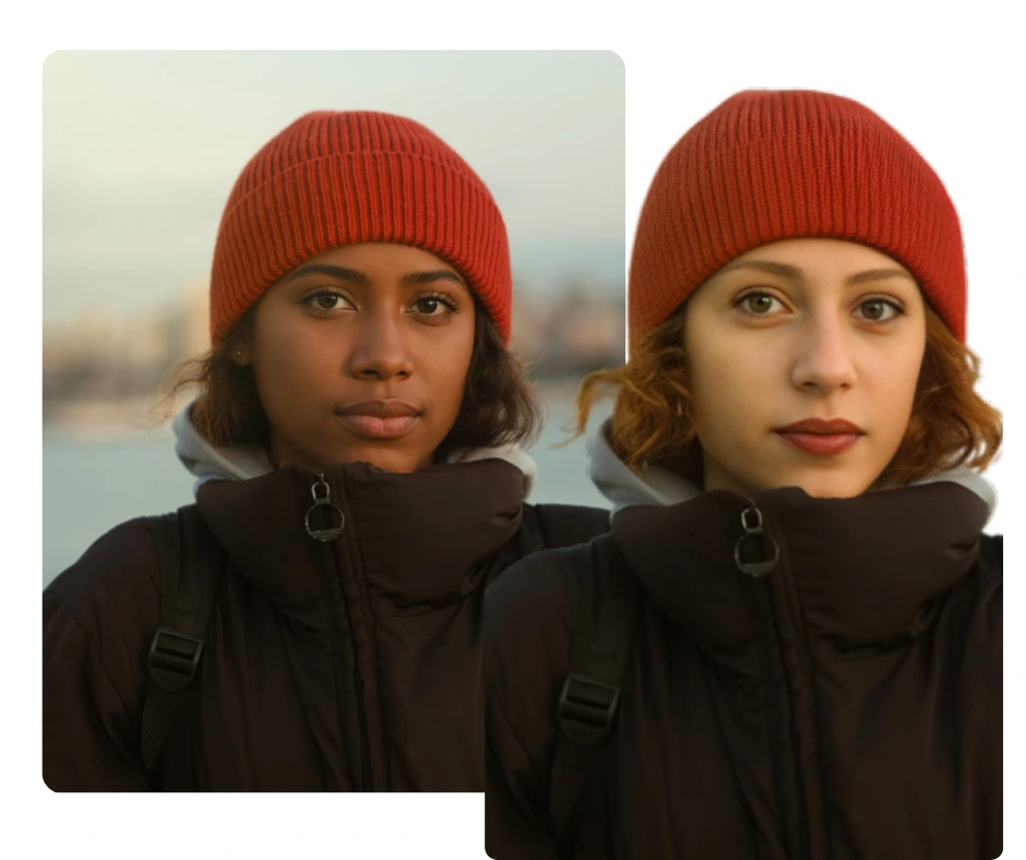 Side by side comparison images of two woman of different origins in red beanie