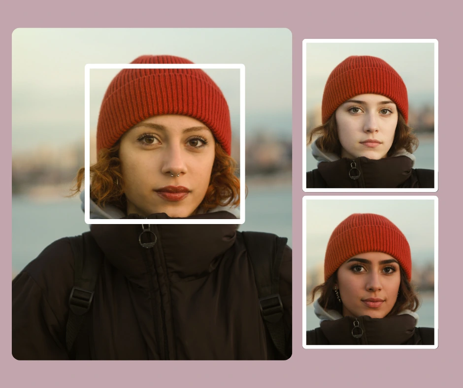 On the left side a scaled up image of woman in red beanie and on the right the same girl in swapped faces with girls from different origins
