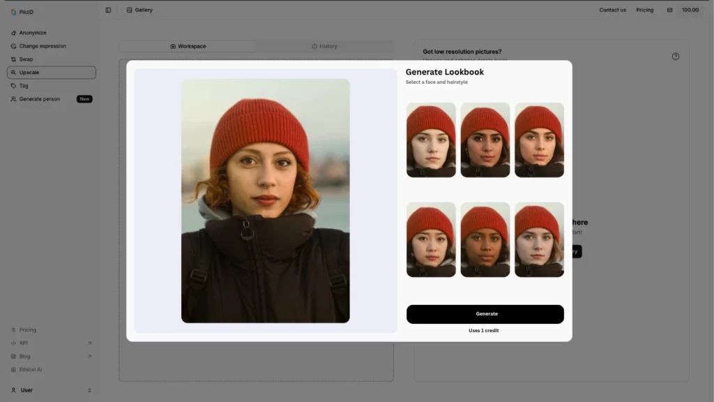 Using PiktID's Swap feature as a face replacer to generate lookbook, where 6 different faces are created by piktid and can be replaced with the original image
