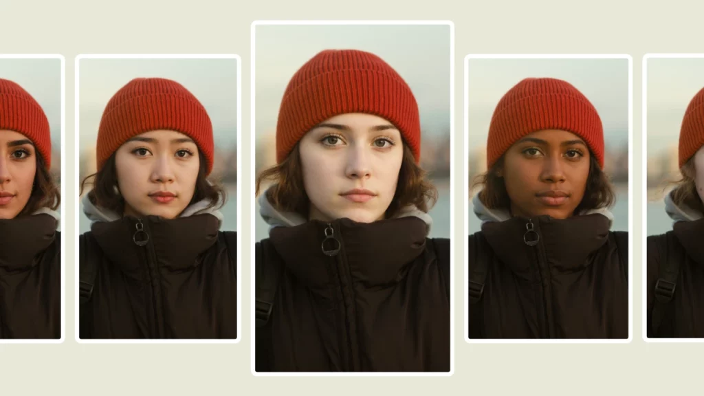 Five images for side by side comparison of girls from different origins in the same outfit of red beanie and black overcoat jacket
