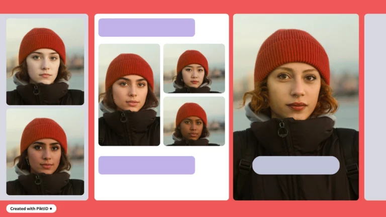 Utilizzo della funzione Swap di PiktID come sostituto del volto di una donna con berretto rosso e cappotto nero con altre cinque immagini di volti e origini diverse nello stesso outfir