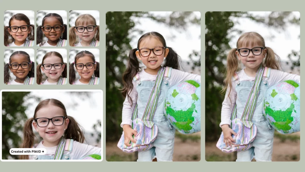 Six images of little girls from different ethnicities in eyeglasses under that a single image of a little girl in pink top and denim jumpsuit and on the center two side by side images of the same girl of different faces holding a globe and wearing a bag