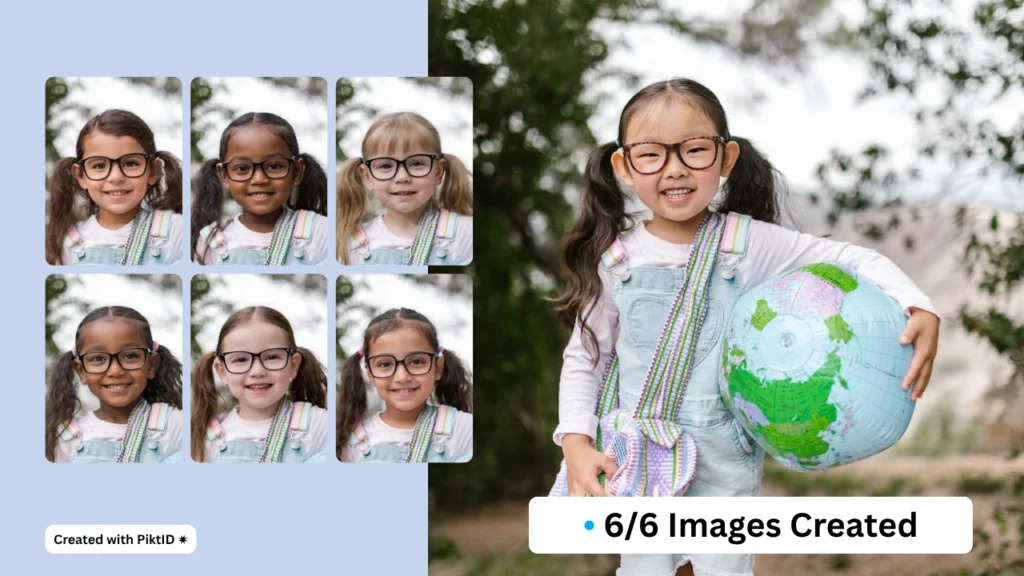 6 images created using PiktID's swap feature of a little girl holding globe and wearing eyeglasses