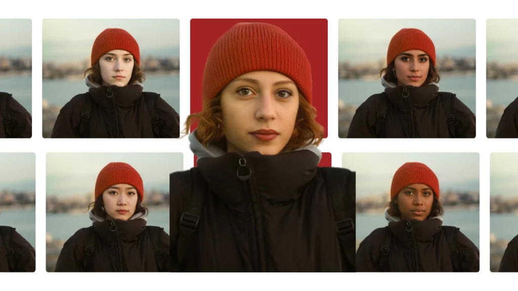 Mockup of the original image of a girl in red beanie and in the background four images created using PiktID's swap feature as face replacer by generating 4 faces of different ethnicities