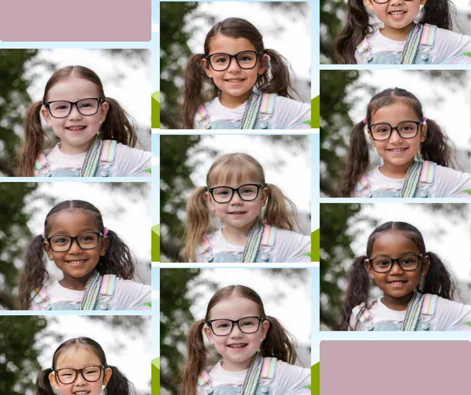 Multiple images created using PiktID of a little girl in eyeglasses wearing a denim jump suit