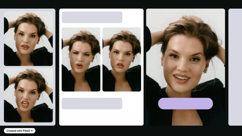 Eine digital retuschierte Serie derselben blonden Frau mit kurzen Haaren, die mehrere Gesichtsausdrücke zeigt. Verbessert mithilfe eines KI-Tools zur Gesichtsformung wie PiktID, um den emotionalen Ton subtil zu verändern und gleichzeitig die Identitätsmerkmale zu bewahren.