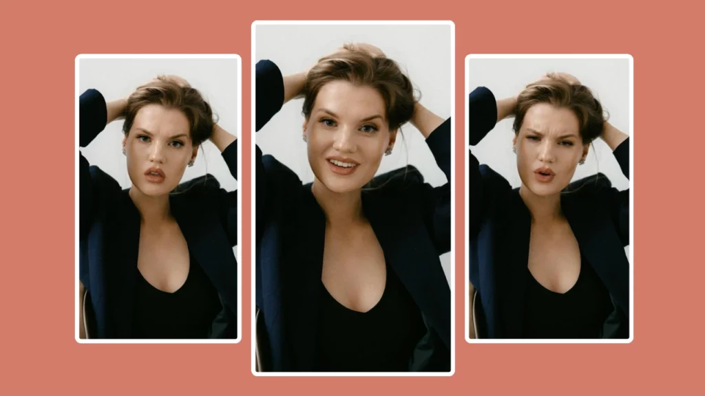 Lebendiges Bild einer Frau mit kurzen Haaren vor rosa Hintergrund. Die Gesichtsdetails wurden mithilfe von KI zur Gesichtsform digital verbessert, wobei der Schwerpunkt auf der Anhebung der Wangenknochen und der Vereinheitlichung des Hauttons lag.