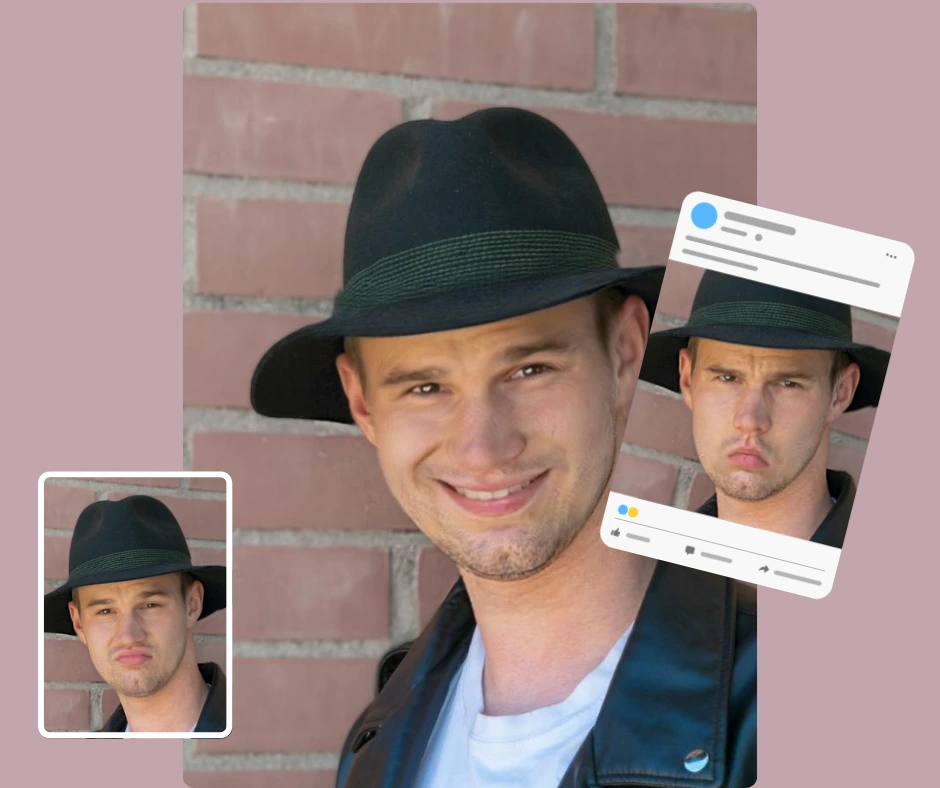 Ein Bild im Social-Media-Stil eines Mannes mit Hut, mit starker Farbkorrektur und Gesichtsretusche auf Porträtebene, um es für eine hohe Online-Interaktion vorzubereiten.