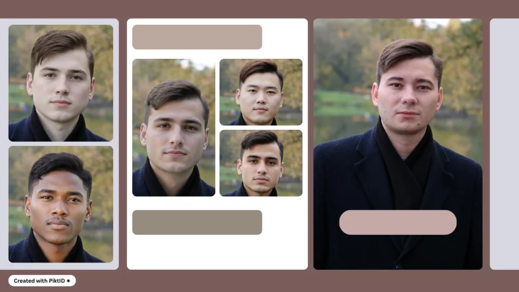 High-resolution AI-generated portraits of diverse men dressed in stylish black outfits, showcasing a range of facial structures and hairstyles. This image is used to demonstrate how face shape AI can influence virtual styling and fashion personalization based on facial geometry.