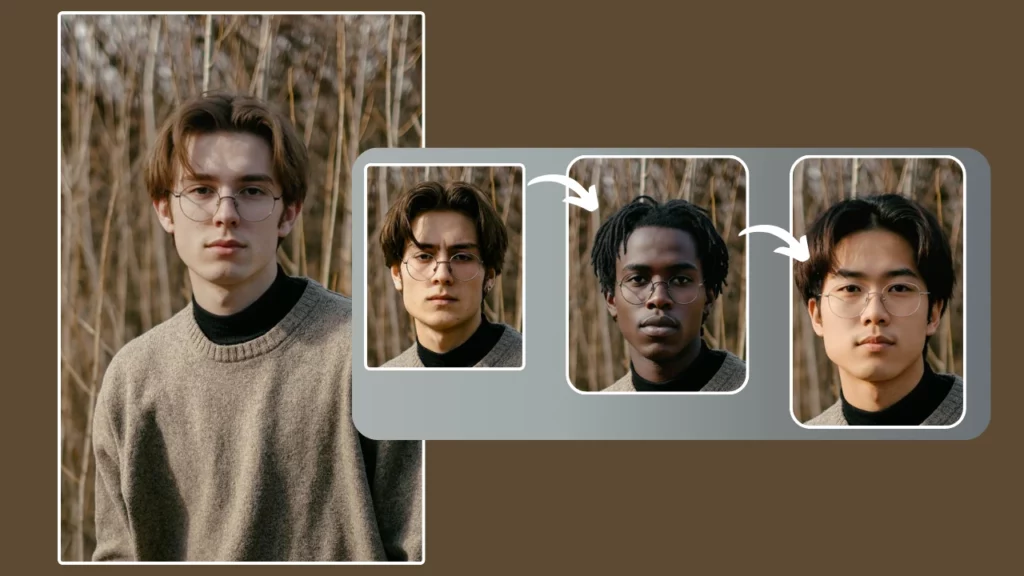 Group of AI-generated male models with long hair wearing different shades of brown clothing. Each look is tailored to different face shapes, reflecting the capabilities of AI-powered styling platforms for adapting fashion to face geometry