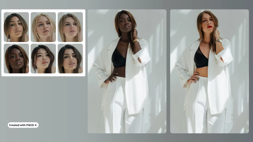 AI-generated female portraits wearing white fashion pieces, highlighting different facial structures. This set of images demonstrates how face shape AI can be applied to women’s styling and virtual fashion personalization.
