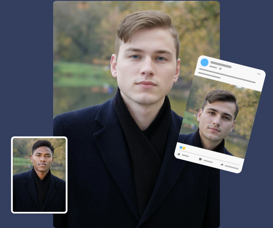 AI-designed social media post template featuring a group of men in fashionable black clothing, each uniquely styled based on their face shape. This visual supports digital fashion campaigns and showcases how face shape AI can elevate virtual influencer aesthetics.