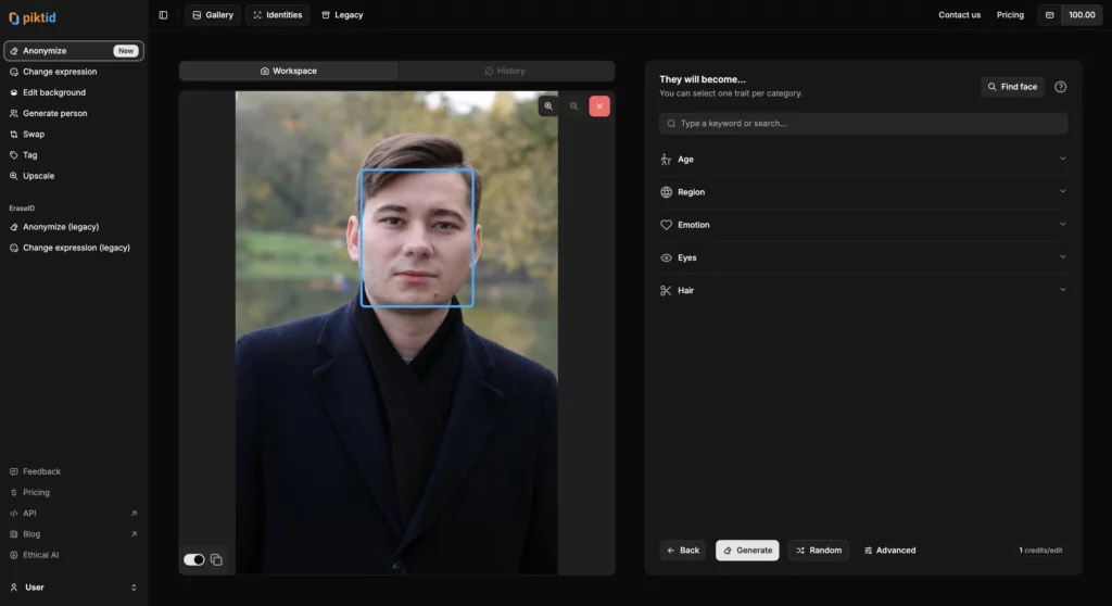 A screenshot of the 'PiktID' app interface. The left side shows a workspace with a man in a dark coat, highlighted with a blue face outline. The right side displays the same customization menu as Image 1, with options for Age, Region, Emotion, Eyes, and Hair, and buttons for Back, Generate, Random, and Advanced.