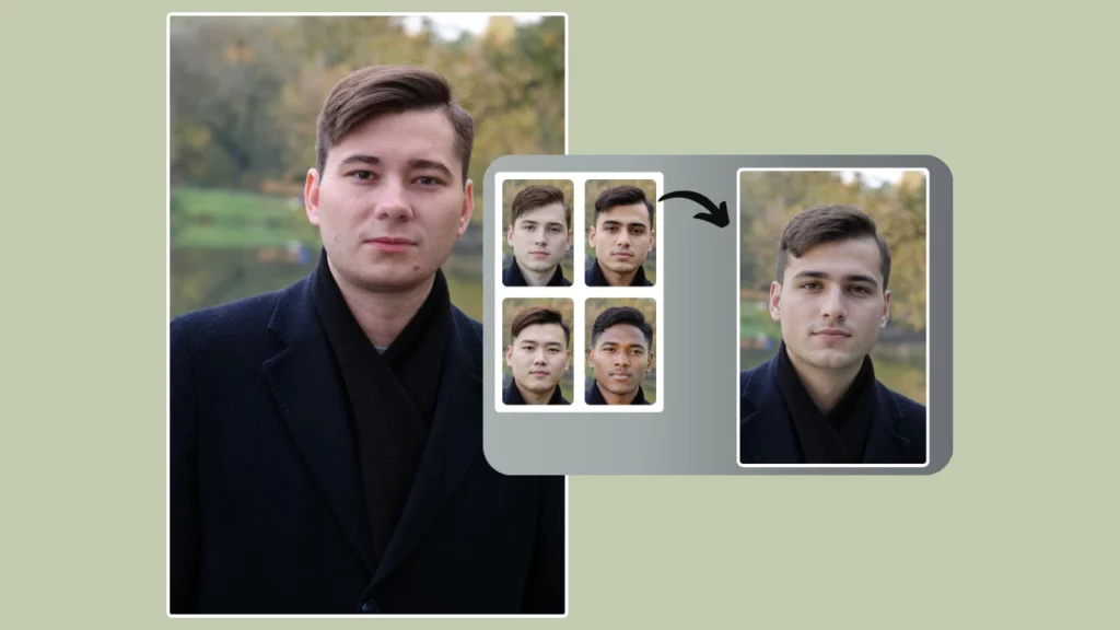 A split-screen image from the 'PiktID' app. On the left, a man in a dark coat stands outdoors near a lake. On the right, four smaller images show different face variations of the man, with an arrow pointing to a refined version of the original image.