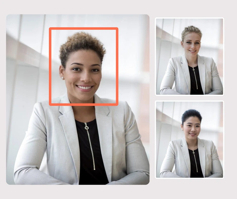 Links ein vergrößertes Bild einer Frau mit kurzen braunen Haaren und rechts zwei Bilder des gleichen Outfits mit verschiedenen Frauen