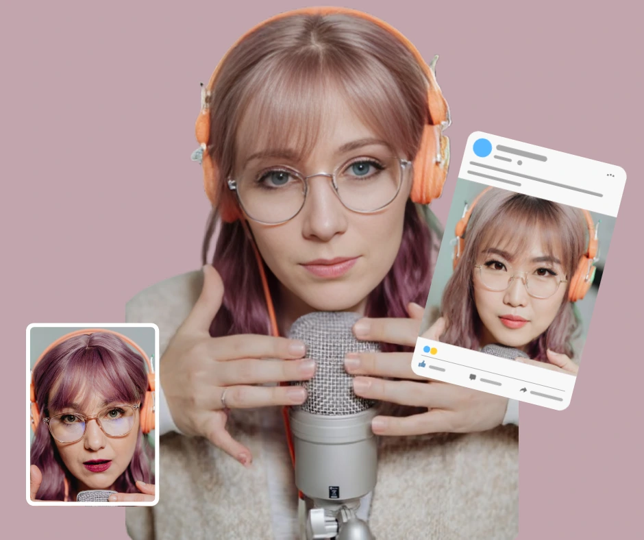 Eine junge Frau mit transparentem Hintergrund in der Mitte und links das Originalbild einer Frau mit lila Haaren und Brille und rechts in einem Social-Media-Preset eine Frau asiatischer Herkunft im gleichen Outfit