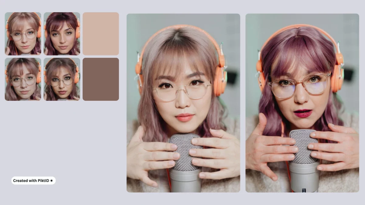 Lernen Sie, wie Sie mit PiktID ein KI-Modell für Mädchen erstellen. Links sind 4 Bilder im Rasterformat von Mädchen unterschiedlicher Herkunft zu sehen, in der Mitte und rechts ein Vergleichsbild von Frauen mit orangefarbenen Kopfhörern, die eine Brille tragen und ein Mikrofon halten.