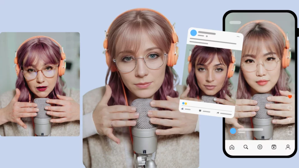 Verwenden einer Social-Media-Vorgabe in einer Anleitung zum Erstellen eines KI-Modellmädchens mit PiktID eines jungen Mädchens mit lila Haaren und einem Mikrofon