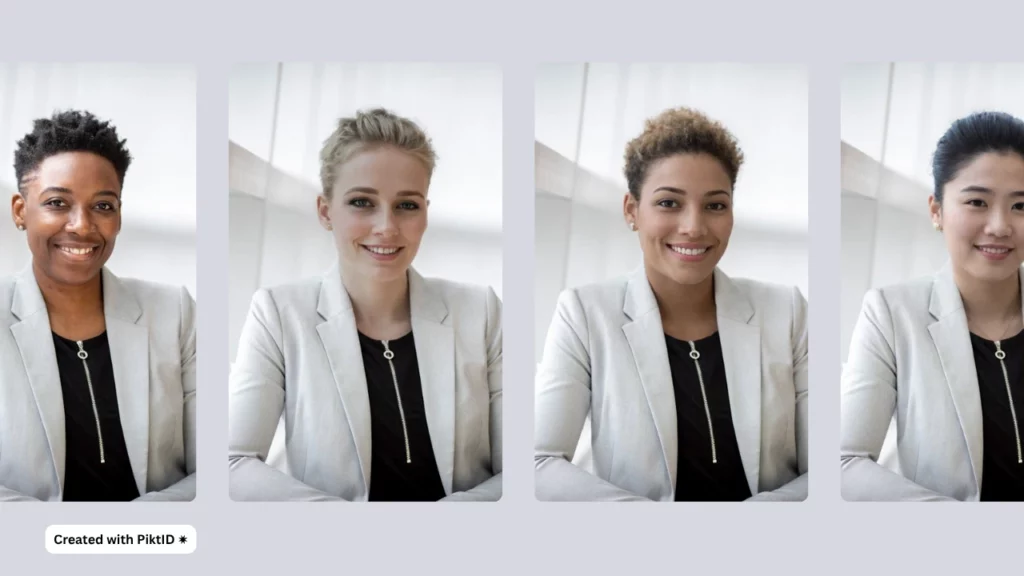Vier nebeneinander liegende Bilder von Frauen verschiedener Ethnien mit kurzen Haaren, die eine beige Jacke und eine schwarze Bluse mit einer Kette tragen
