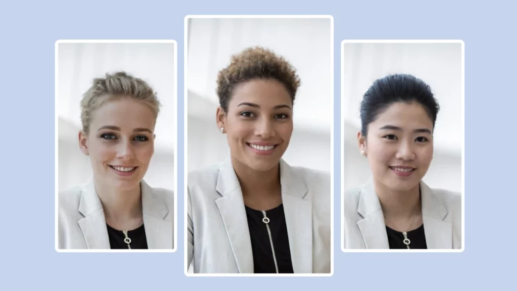 Drei Bilder von Frauen mit kurzen Haaren, die lächeln und einen grauen Anzug und schwarze Unterwäsche tragen