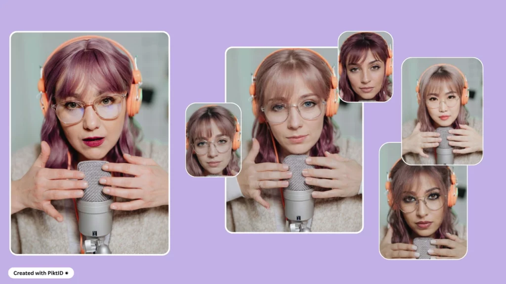 Sechs mit PiktID erstellte Bilder einer Frau mit einem Mikrofon, lila kurzen Haaren und Kopfhörern für die Anleitung zum Erstellen eines KI-Modellmädchens