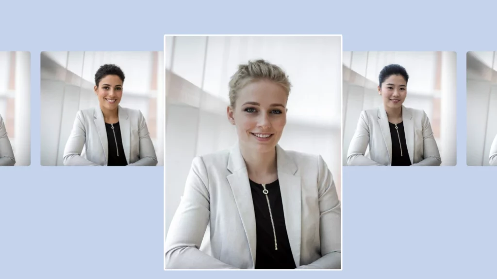 Zentriertes Bild einer Frau mit kurzen Haaren und Blazer und daneben zwei weitere Bilder von Frauen unterschiedlicher Herkunft und kurzen Haaren