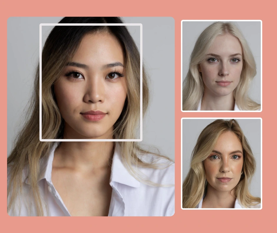 Face swap technology example showing three women wearing white shirts. The main image on the left features a woman with long light-brown hair and East Asian features. On the right, two smaller images display women with blonde hair and fair skin, demonstrating realistic AI-powered face swapping results.