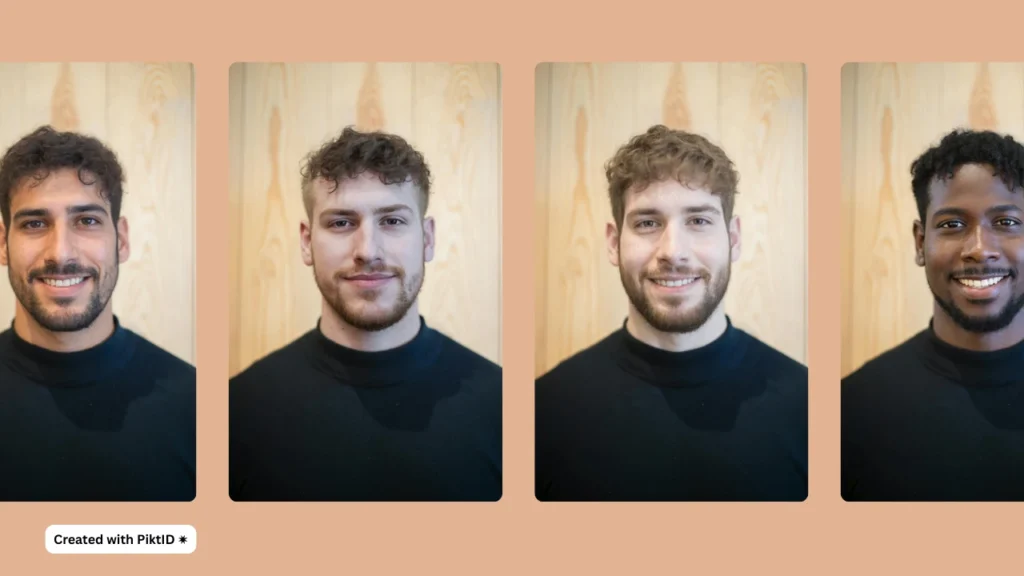 Four men wearing black crewneck t-shirts standing in front of a light wooden background. Each man has a unique facial appearance, demonstrating AI face swap technology created with PiktID. Features range from light to dark skin tones, with varied hairstyles and facial hair styles.