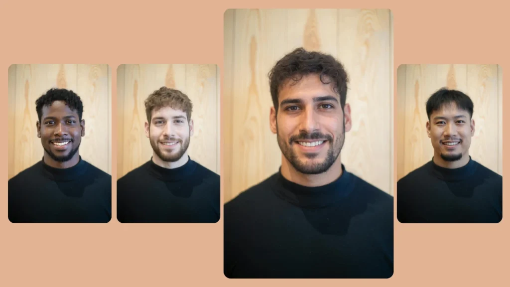 Four AI-generated face swap images of men wearing black crewneck t-shirts against a wooden background. The image arrangement shows side-by-side comparison of different facial features on the same body, demonstrating how PiktID’s AI technology can seamlessly replace faces while preserving lighting and realism.