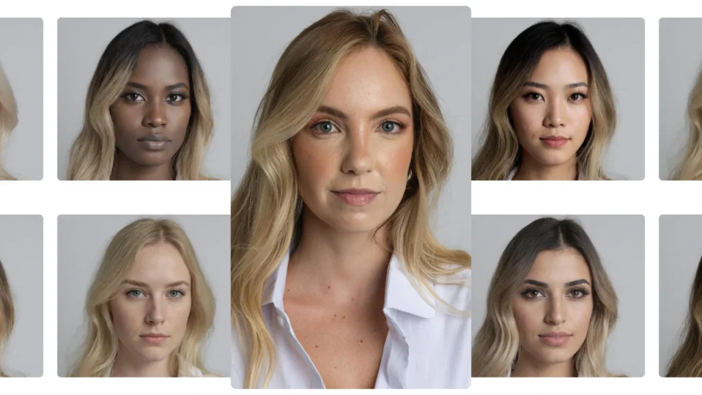 Collection of five AI-generated portraits of young women in white outfits using PiktID's Swap feature.