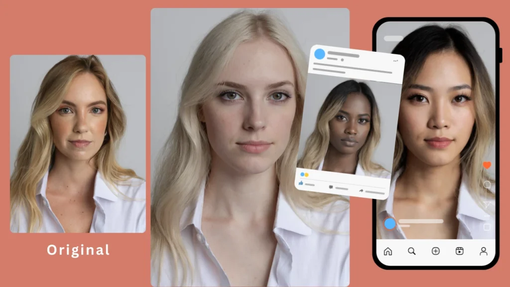 AI-generated portrait of a young blonde woman in a white outfit, created with PiktID’s face swap software for use in social media and digital marketing campaigns.