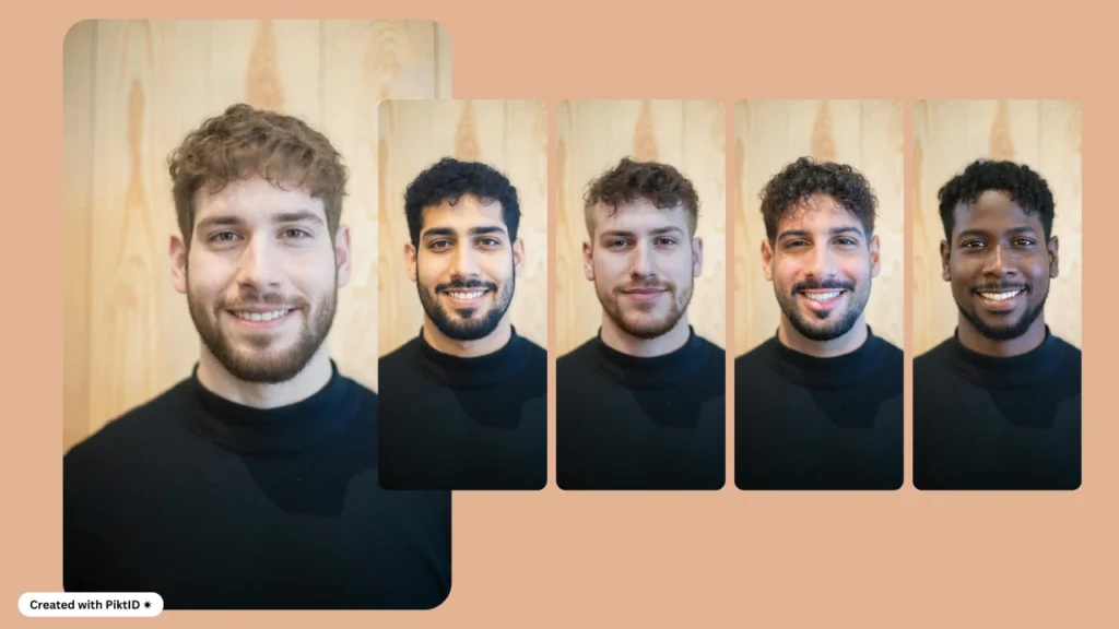 PiktID's Swap example featuring five men in black round-neck t-shirts, each with unique swapped facial features, posed against a light wooden wall background.