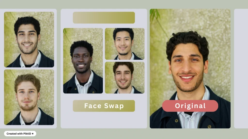 Side-by-side comparison showing original man’s photo and AI face swap version created with PiktID.