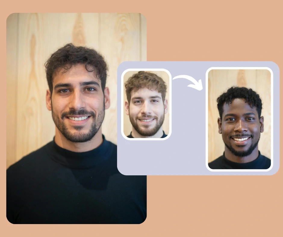 Close-up example of PiktID AI face swap technology transforming a person’s facial features.