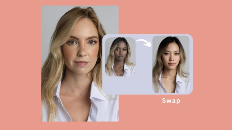 Featured promotional image showcasing AI face swap results generated with PiktID technology. A scaled up image of a blonde women in white shirt and swapped faces on the right