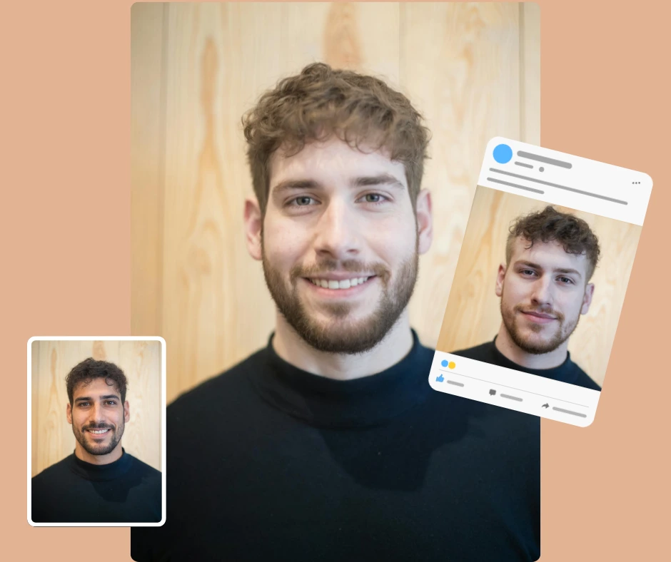 AI face swap image of a man in a black shirt, generated using PiktID’s advanced photo editing and face swapping software for online and social media use