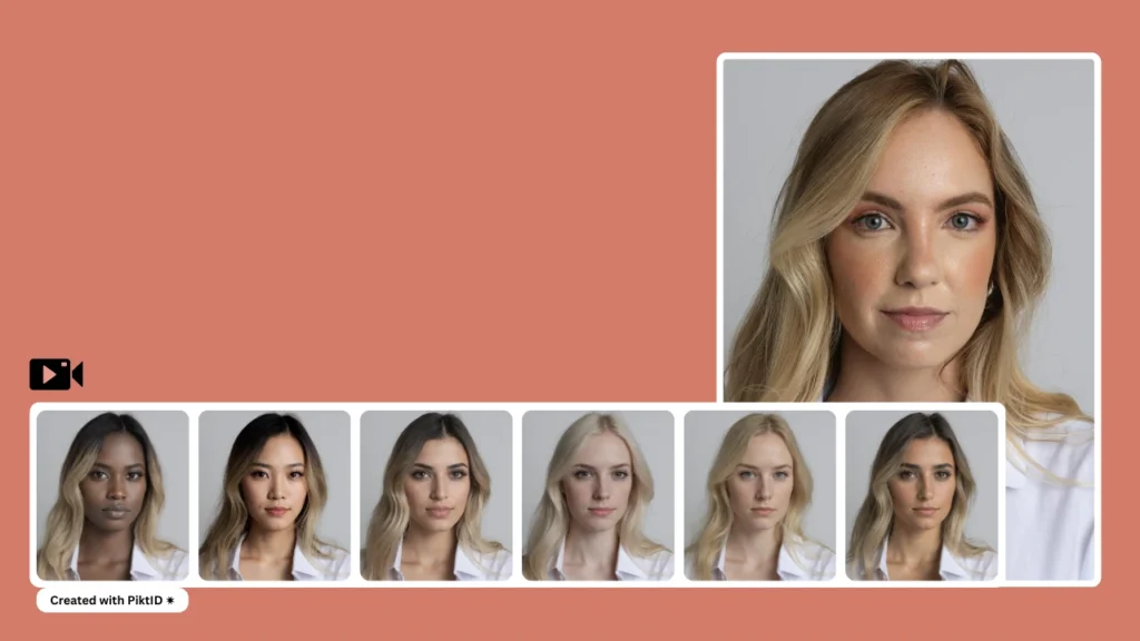 Swap faces demonstration showing a collage of seven women in white shirts, each with different ethnicities and facial features, displayed in a studio-style preset with a salmon-pink background.