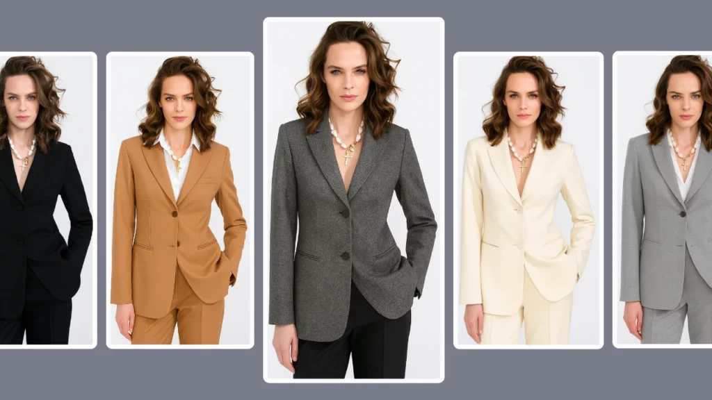 Varianti di outfit formali da donna generate dall'intelligenza artificiale di PiktID: lo stesso modello indossa abiti da lavoro neri, beige, grigio antracite, crema e grigio chiaro. Un punto di riferimento ideale per la moda femminile professionale e le prove virtuali di abbigliamento.