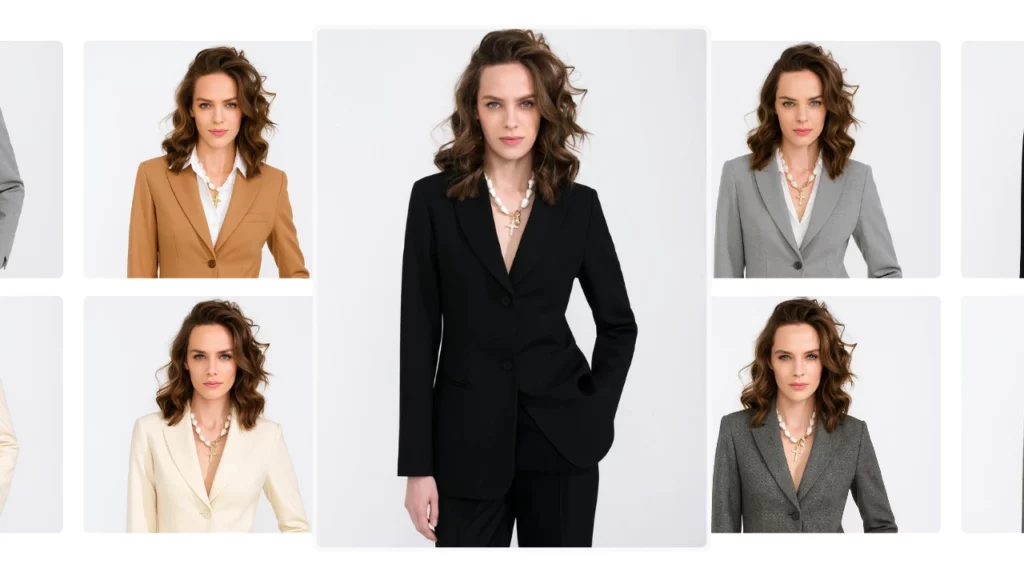 Visualizzazione di abbigliamento basata sull'intelligenza artificiale di PiktID con cinque completi formali da donna (nero, beige, cammello, grigio e grigio spina di pesce), creati con PiktID. Una vetrina sulla diversità dell'abbigliamento business femminile.