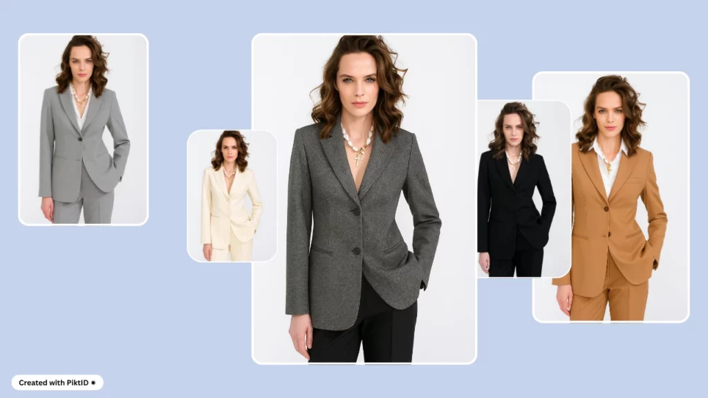 Elegante abbigliamento da donna per dirigenti generato dall'intelligenza artificiale: una modella indossa un abito grigio strutturato a spina di pesce e un'altra una camicetta azzurra con pantaloni eleganti neri. Abbigliamento da ufficio minimalista per professionisti.