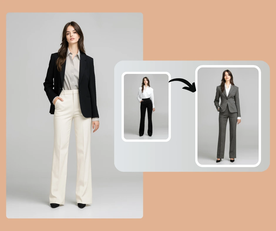Ritratto ravvicinato di una donna bruna che indossa un blazer formale grigio scuro a spina di pesce con pantaloni coordinati, abbinato a collane di perle e oro a strati. Anteprima di moda professionale generata dall'intelligenza artificiale.