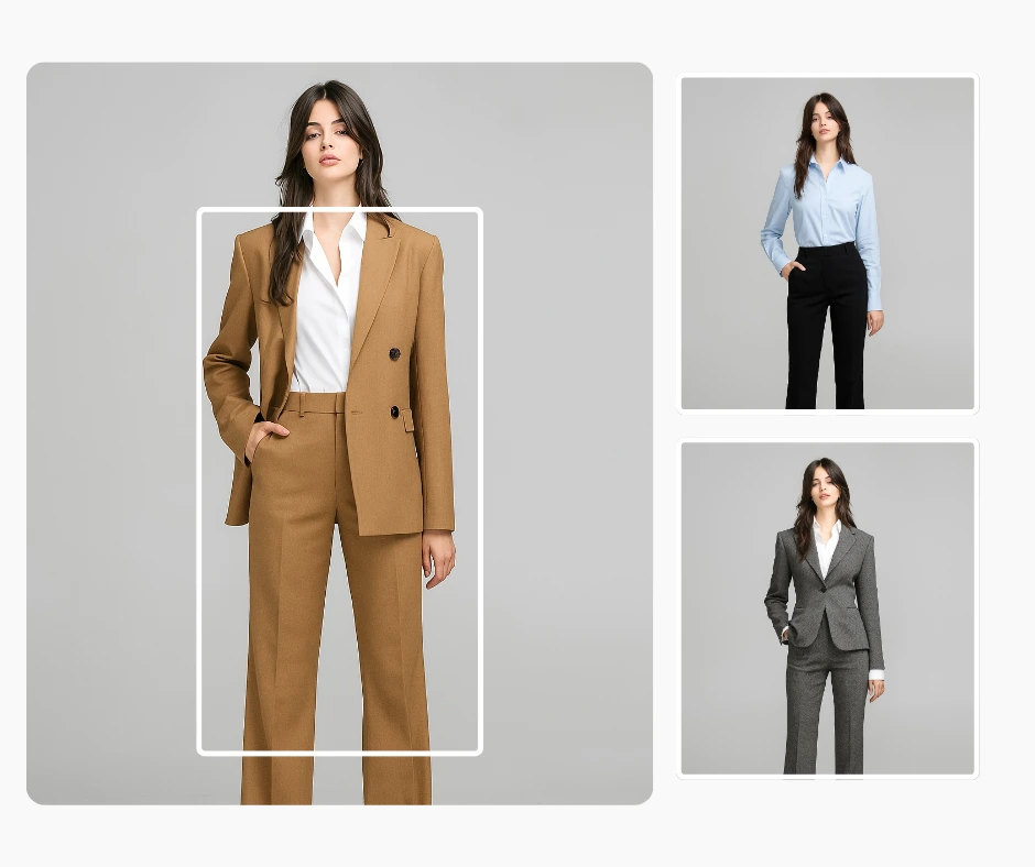Primo piano ad alta risoluzione di una donna in un tailleur color cammello, con blazer strutturato e camicetta bianca. Stile formale creato dall'intelligenza artificiale per i professionisti moderni.