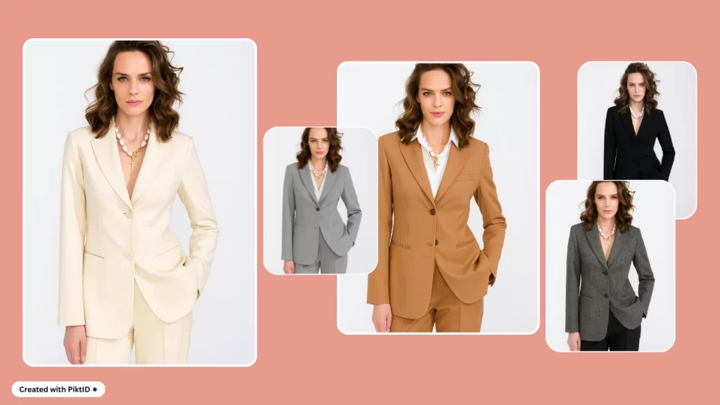 Montaggio creativo di un outfit formale progettato dall'intelligenza artificiale che mostra ingranditi i dettagli dei tessuti di abiti marroni e grigi, incentrati su una donna con pantaloni neri a zampa e camicetta bianca. Concetto di stile per abiti da lavoro.