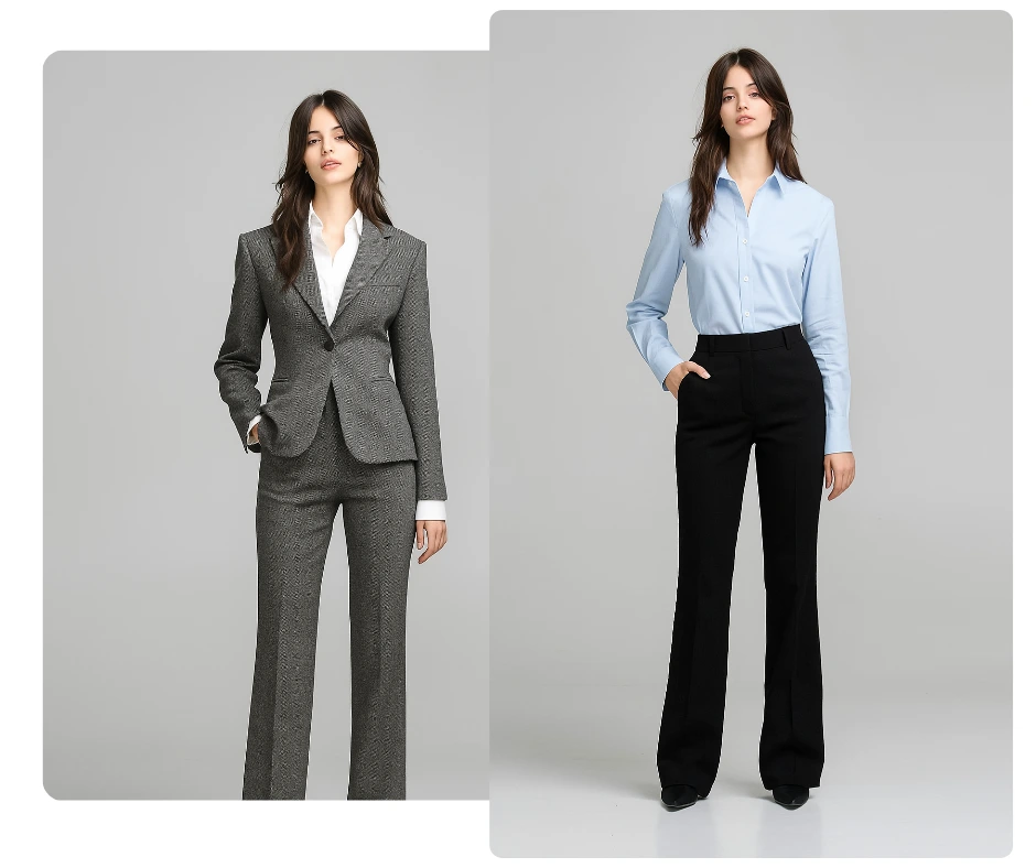 Abbigliamento professionale da ufficio per donna: styling reso tramite intelligenza artificiale che mostra una giovane donna in un abito color crema, circondata da look alternativi in grigio, nero, cammello e antracite testurizzato. IA di moda per lo stile aziendale di PiktID
