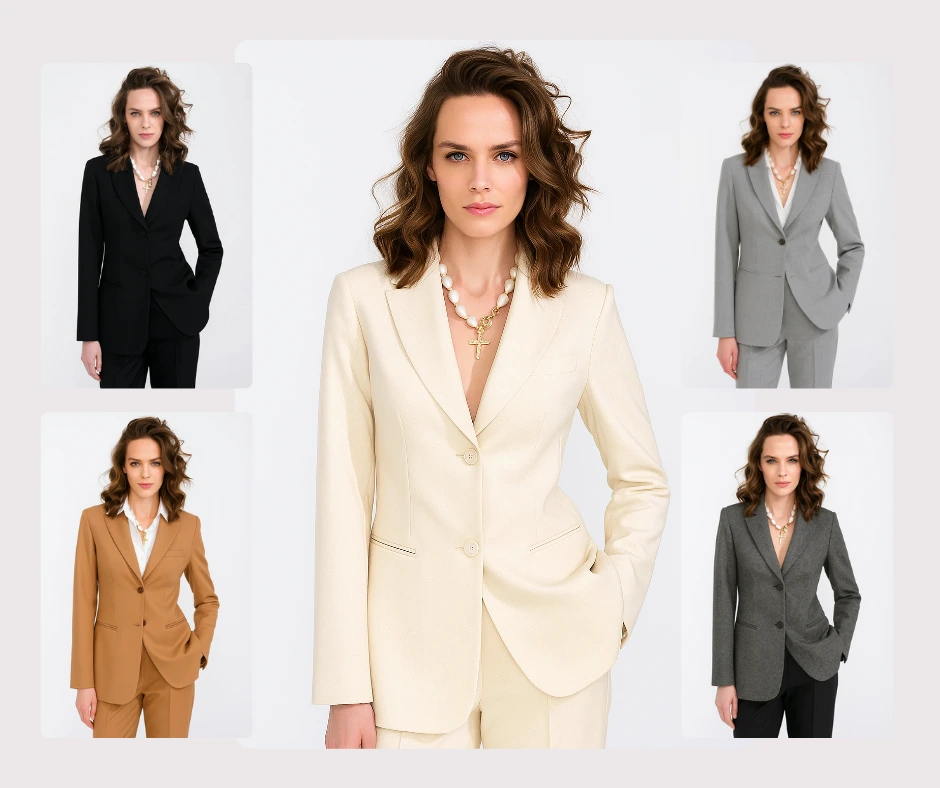 Espositore di abiti da ufficio con una giovane donna in un tailleur grigio su misura e un'altra in una camicia azzurra con pantaloni neri. Moda generata dall'intelligenza artificiale per le donne lavoratrici moderne.