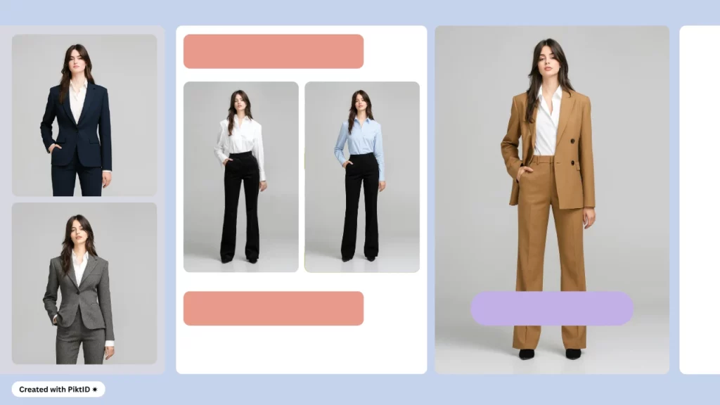 Strumento AI per la modifica degli abiti formali per una giovane donna, creato utilizzando PiktID: presenta diversi eleganti tailleur in combinazioni di blu navy, grigio, cammello, bianco e nero, ideali per l'ispirazione dello stile aziendale.